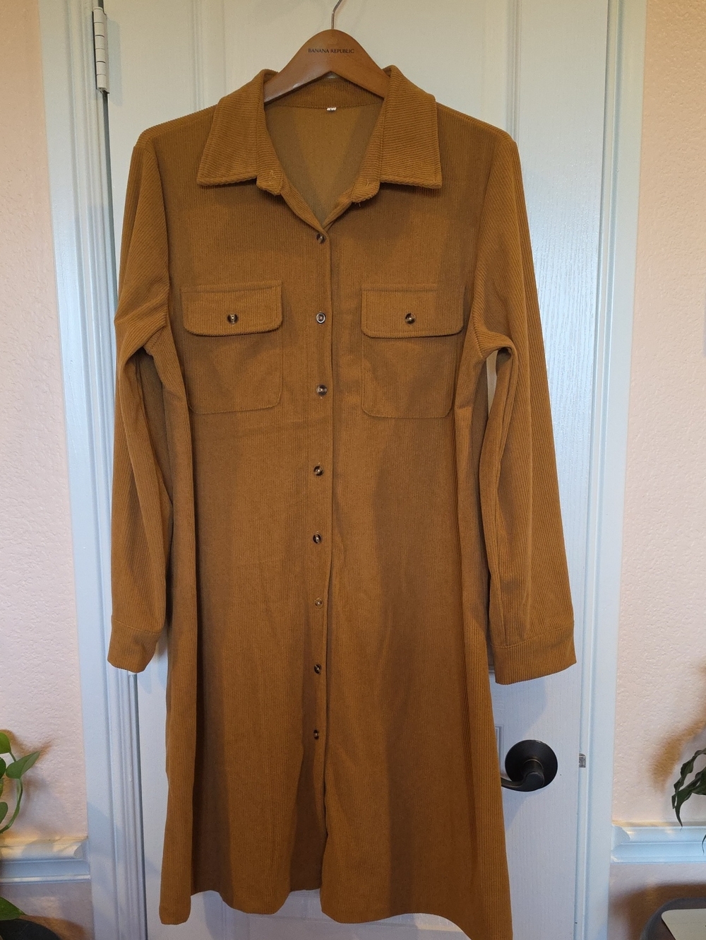 Large, Women's Corduroy Long Sleeve Button-Front Shirt Dress - Mustard